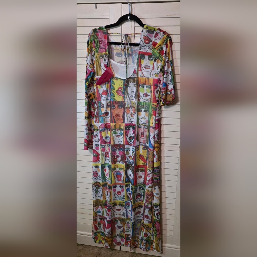 Betsey Johnson Colorful Pop Art Faces Long Sleeve Maxi Dress - Picture 2 of 9
